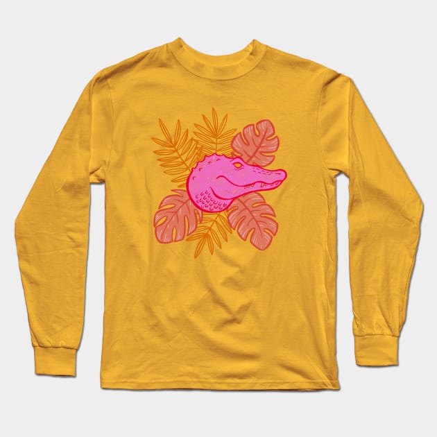 Tropical Botanical Hot Pink Alligator Long Sleeve T-Shirt by Carabara Designs